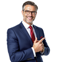A man in a suit and tie is pointing at something png