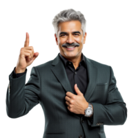 A man with a moustache and a suit is pointing at something png
