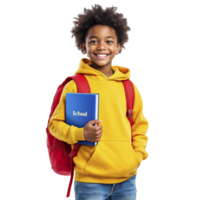 A young boy in a yellow hoodie holding a book and a backpack png