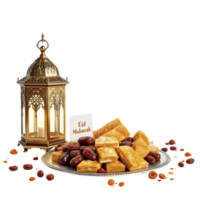 A plate of dates and nuts next to a lantern png