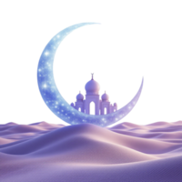Islamic crescent moon with mosque on desert background png