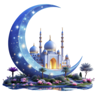 The moon and a mosque in the middle of a lake png