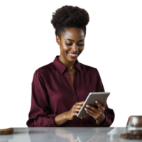 A smiling woman using a tablet computer png