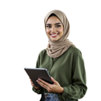 A woman in a hijab holding a tablet computer png