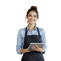 A smiling waitress holding a tablet computer png
