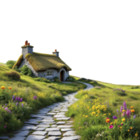 A house with a thatched roof and a path leading to it png