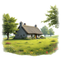 A house in the middle of a field with trees and flowers png