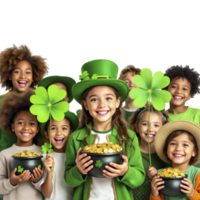 A group of children wearing green hats and holding pots of gold png