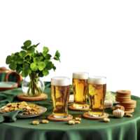 St patrick's day table with beer glasses and shamrock png