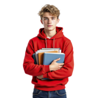 A young man in a red hoodie holding a stack of books png