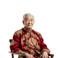 An asian man in a red and gold robe sitting on a chair png