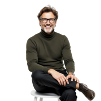 A man in glasses and a turtle neck sweater sitting on a stool png
