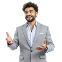 A man in a suit is gesturing with his hands png