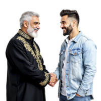 Two men shaking hands in front of a black background png
