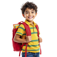 A young boy with a backpack and a smile png