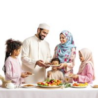A family is standing around a table with food png