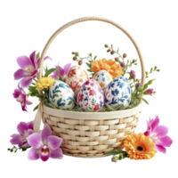 Easter eggs in a basket with flowers and orchids png