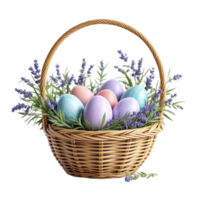 Easter eggs in a basket with lavender flowers png