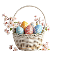 Easter eggs in a basket with flowers on a black background png