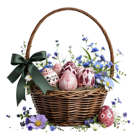 Easter eggs in a basket with flowers and leaves png