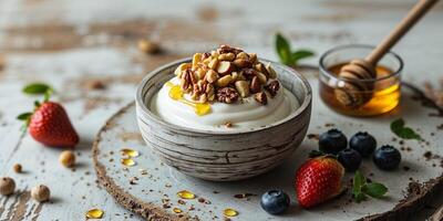 Creamy yogurt topped with nuts and honey served in a wooden bowl with spices and fruits on a rustic table. photo