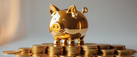 Golden piggy bank with coins on white background photo