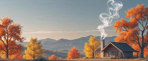 A small cabin in the middle of a field with smoke coming out of it photo