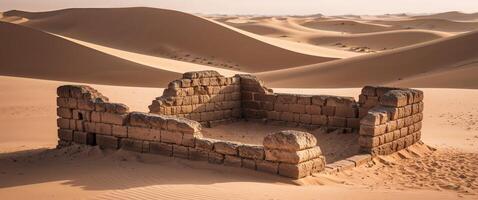 An ancient building in the desert with sand dunes photo