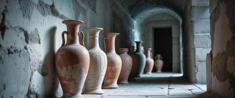 A row of vases lined up in a hallway photo