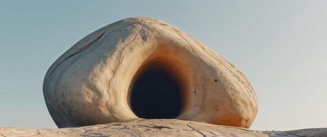 A rock with a hole in it sitting on top of a mountain photo
