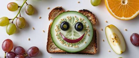 A slice of bread with a smiley face on it surrounded by fruit photo