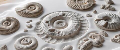 A variety of shells are arranged on a white surface photo