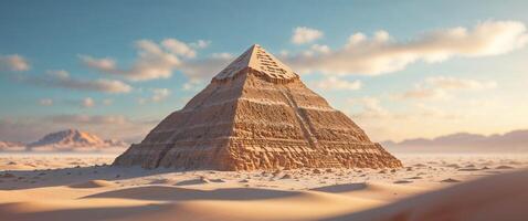 An ancient pyramid in the desert with clouds in the sky photo
