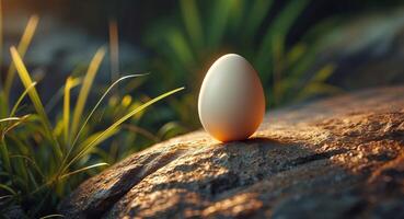 Small white egg resting on a textured rock in a serene natural environment photo