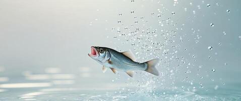 Jumping fish with open mouth in clear water with splashing droplets photo