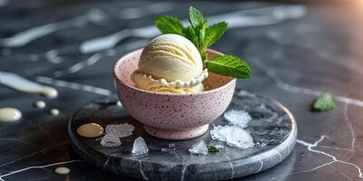 Creamy Vanilla Ice Cream in Pink Speckled Bowl with Fresh Mint on Marble Surface. photo