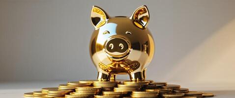 A Shiny Golden Piggy Bank Stands Prominently on a Stack of Gold Coins photo