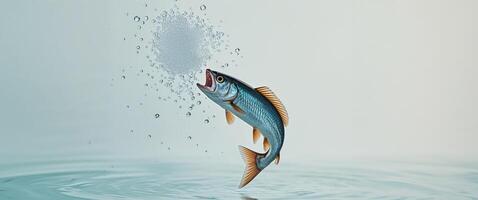Jumping fish with open mouth in clear water with splashing droplets. photo
