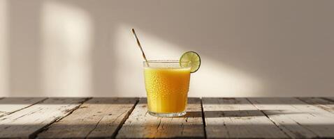 Orange juice with lime slice on wooden table photo