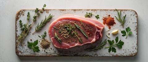 Overhead View of Raw Pork Steak with Herbs and Spices on Rustic photo