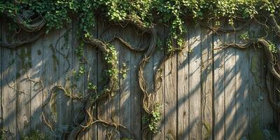 Beautiful wooden wall with vines and shadows creating textures. photo