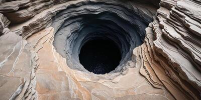 A dramatic textured hole descends into darkness with layered rock. photo
