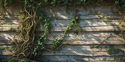 Beautiful wooden wall with vines and shadows creating textures photo