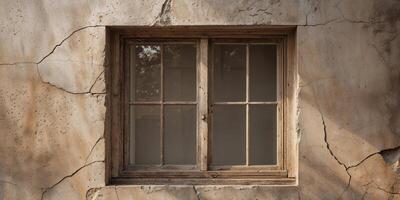 A rustic wooden window on a weathered wall photo