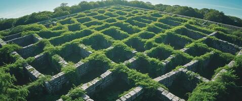 Aerial View of Ancient Stone Maze with Overgrown Vegetation. photo