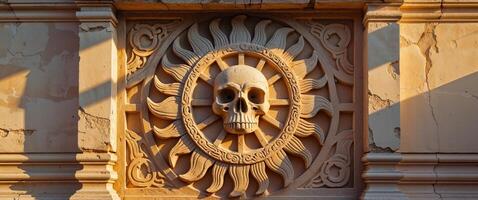 Intricate stone carving of a sun symbol with a skull in an ancient temple setting during daylight. photo