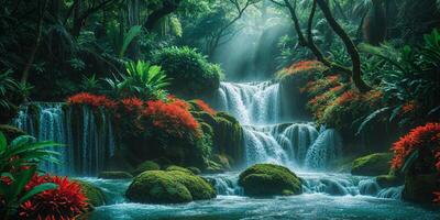 Serene Jungle Waterfall Oasis Hidden in Lush Tropical Vegetation Surrounded by Greenery photo
