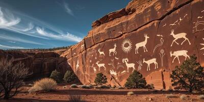 Ancient rock art depicting animals and sun on a cliff face in a remote natural setting photo
