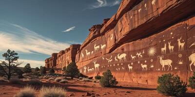 Ancient rock art depicting animals and sun on a cliff face in a remote natural setting. photo