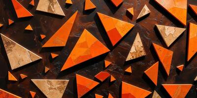 Orange and beige triangles scattered on a dark surface creating an abstract geometric composition. photo